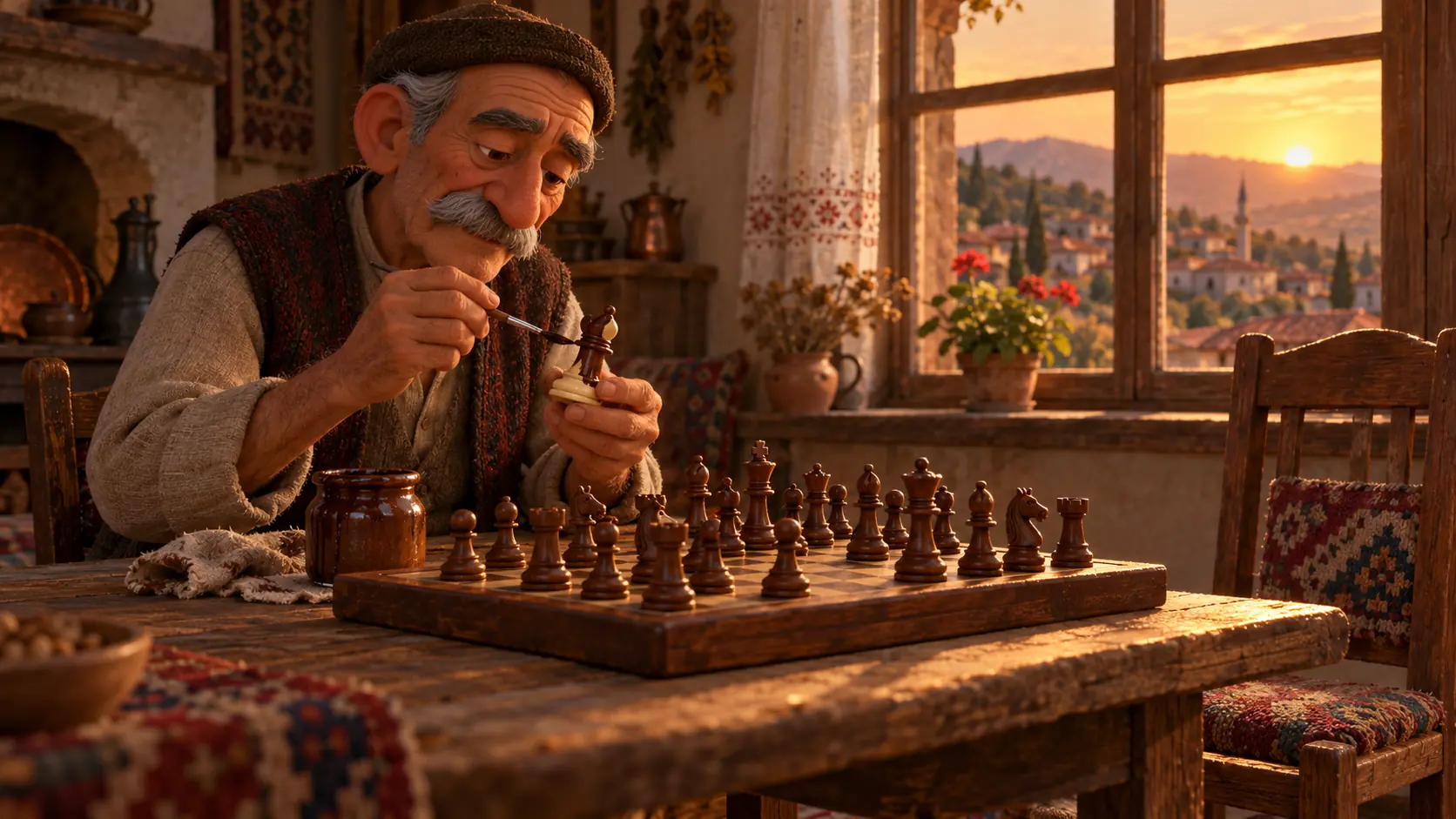 Karşısındaki sandalye boşken son açık renkli satranç taşını da kendi taşlarıyla aynı kahverengiye boyayan yaşlı adam